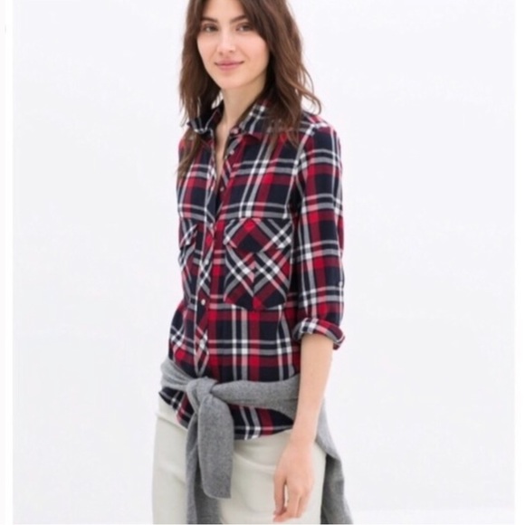 Zara Womens Plaid Shirt Medium Red Navy Long Sleeve Casual Collared Snap Button - Picture 2 of 9